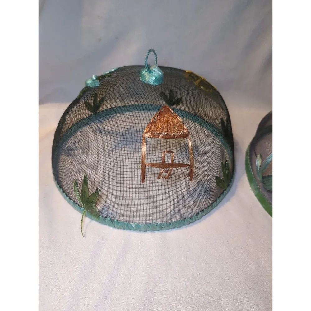 2x Vintage Food Dome Cover PICNIC Mesh Screen Floral, Bumble Bee, Palm Tree
